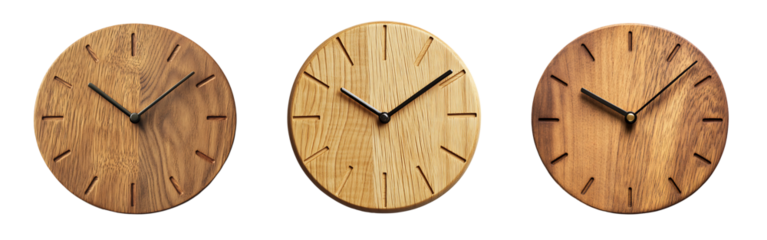 Set of minimalist wooden clock with smooth finish and simple hour markers isolated on a white or transparent background.