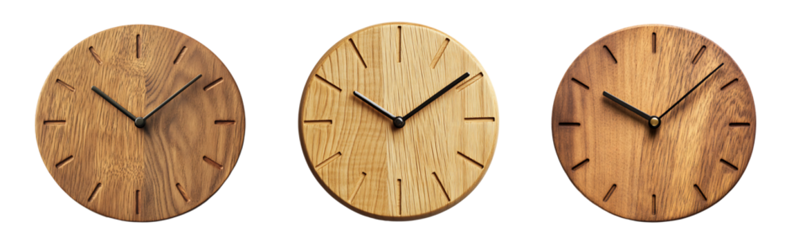 Set of minimalist wooden clock with smooth finish and simple hour markers isolated on a white or transparent background.