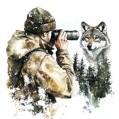 A wildlife photographer capturing a stunning shot of a wolf in a serene forest setting.