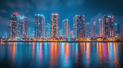 Naklejka premium Night Cityscape: Vibrant Towers Reflecting on Calm Waters