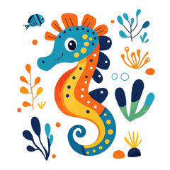 Fototapeta premium isolated transparent Background. Cute seahorse illustration with vibrant colors and marine elements