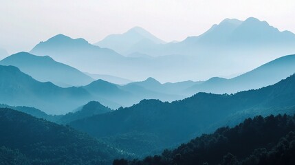 Mountain Range in the Mist: A tranquil landscape of majestic mountain range, shrouded in a soft, ethereal mist, painted in varying shades of blue. Evoking a sense of serenity and natural beauty.