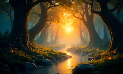 Golden light permeates a misty forest scene, casting a warm glow on a stream flowing between ancient trees, creating a magical and tranquil ambiance.