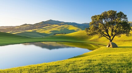 Obraz premium Scenic Lakeside Camping with Tent Under a Tree Among Rolling Green Hills