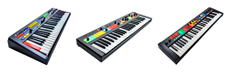 Fototapeta premium Collection of professional electronic keyboard synthesizers with colorful keys and control features isolated on a white or transparent background.