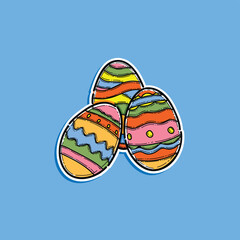 An artistic and vibrant illustration featuring three decorated Easter eggs with bright patterns, designed in a whimsical hand drawn style against a blue background, symbolizing joy and celebration.