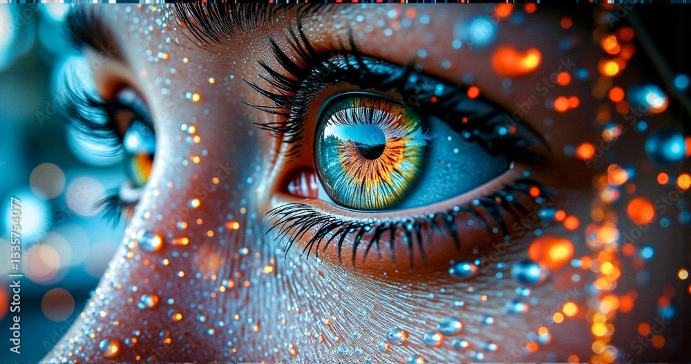 Poster intense close-up of human eyes with striking blue and orange irises, surrounded by a soft bokeh of s