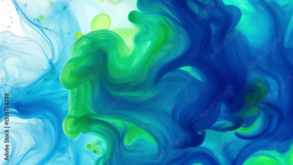 Poster vibrant swirl of blue and green ink creates mesmerizing abstract pattern, evoking fluidity and motio