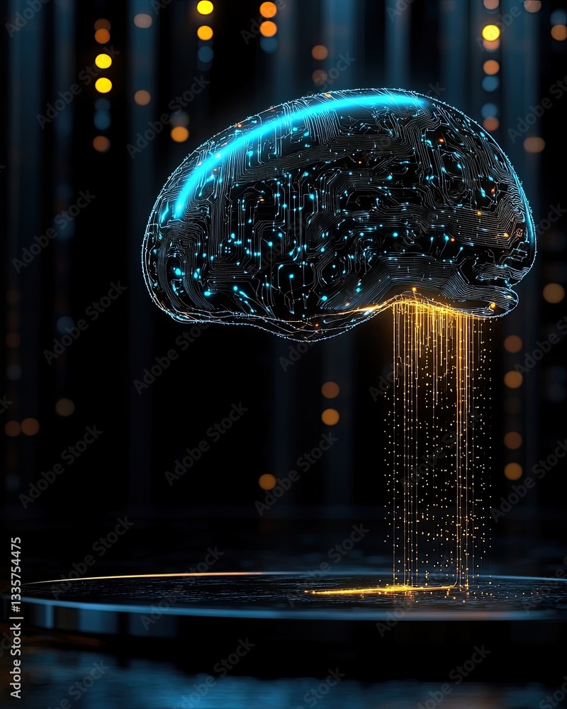 Aufkleber bold neon colors blended, futuristic digital brain with glowing circuitry and data flowing in abstra