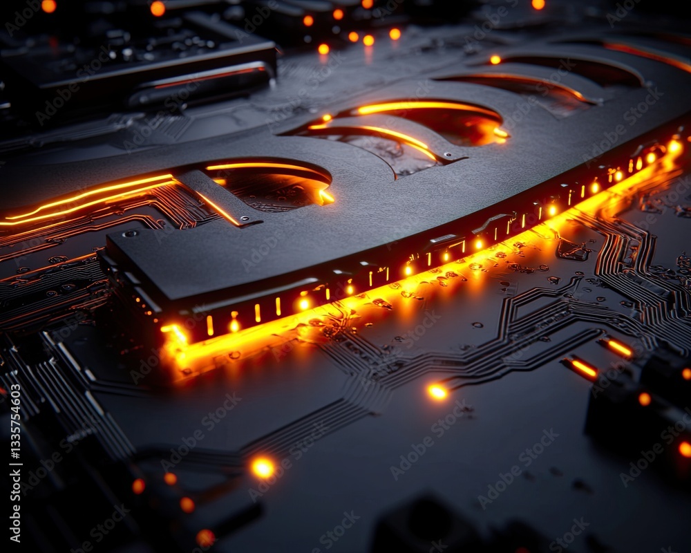 Poster bold neon colors blended, abstract close-up of dark circuit board with glowing orange lines and intr