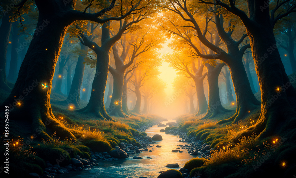 Poster Enchanted forest with a gentle stream and soft, glowing lights. A magical and serene atmosphere in a mystical woodland.