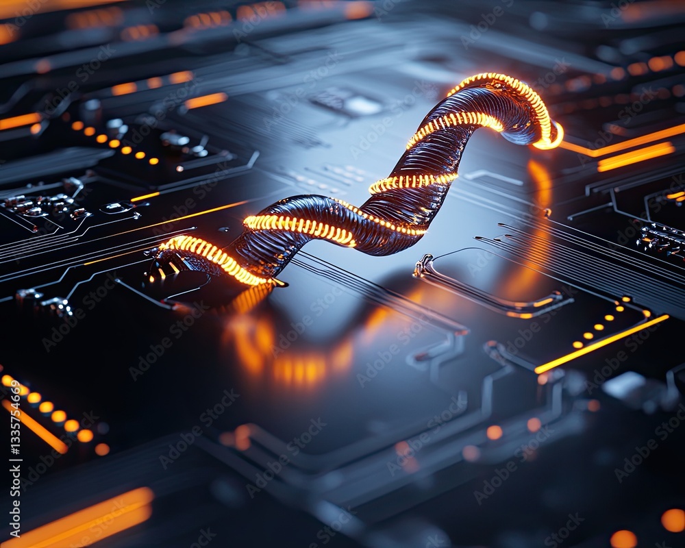 Poster bold neon colors blended, abstract technology background with illuminated wires and circuit board pa
