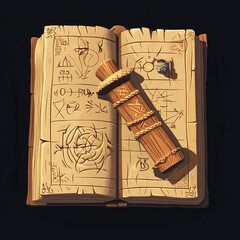 An ancient book with mystical symbols and a scroll, evoking a sense of mystery and history.
