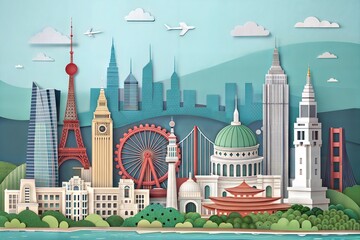 Panoramic view of a city skyline with famous landmarks in a paper-cut illustration style