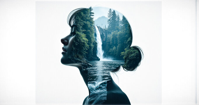 A woman's silhouette is filled with a tranquil nature landscape, revealing a waterfall, lush forest, and mountains, evoking a sense of peace and inner reflection.