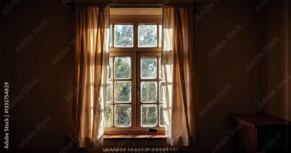 Aufkleber sunlight streams through a window framed by simple curtains in a dimly lit room, casting long shadow
