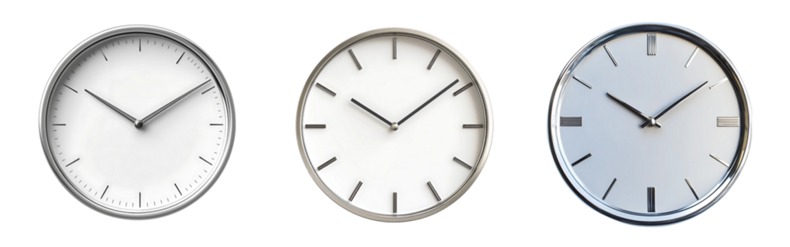 Set of modern minimalist clocks with sleek silver frame and no numbers isolated on a white or transparent background. - Powered by Adobe