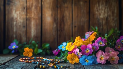 Fototapeta premium Rustic Still Life: Vivid blossoms adorn a weathered wooden surface, accompanied by a delicate beaded rosary. A heartfelt testament to simplicity, faith, and the transient beauty of life.