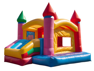 Big colorful bouncy castle, colorful inflatable bouncy castle toy isolated on white background, concept of children's playground, outdoor toy.