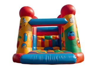 Big colorful bouncy castle, colorful inflatable bouncy castle toy isolated on white background, concept of children's playground, outdoor toy.