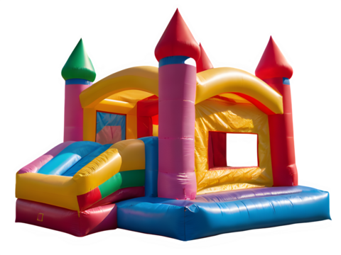 Big colorful bouncy castle, colorful inflatable bouncy castle toy isolated on white background, concept of children's playground, outdoor toy.