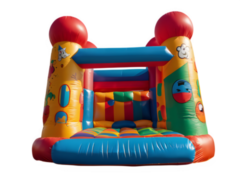 Big colorful bouncy castle, colorful inflatable bouncy castle toy isolated on white background, concept of children's playground, outdoor toy.