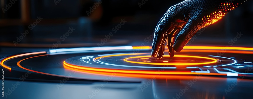 Poster bold neon colors blended, futuristic interface interaction with abstract neon elements in sci-fi env