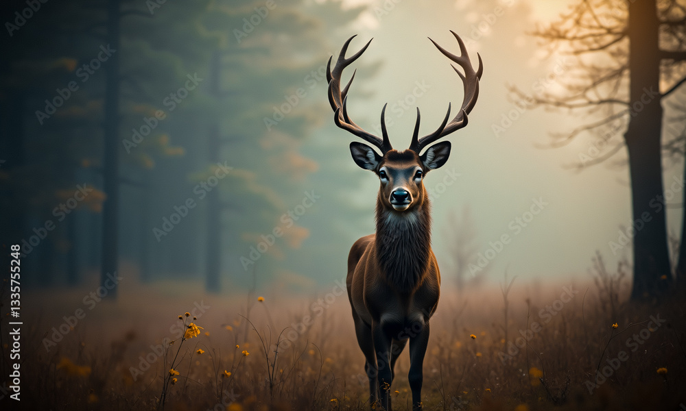 Poster a majestic deer with impressive antlers stands in a serene, misty forest setting at dusk. warm light