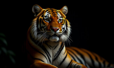 Obraz premium A majestic tiger gazes directly forward, its orange and black stripes vividly contrasted against a dark background. The powerful feline rests in a captivating portrait.