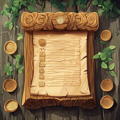 An artistic wooden board with a nature theme, perfect for note-taking or bulletin displays in a rustic setting.