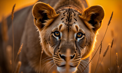 Lioness portrait in golden light, facing forward with an intense gaze. Warm tones highlight her fur and features in a natural setting.