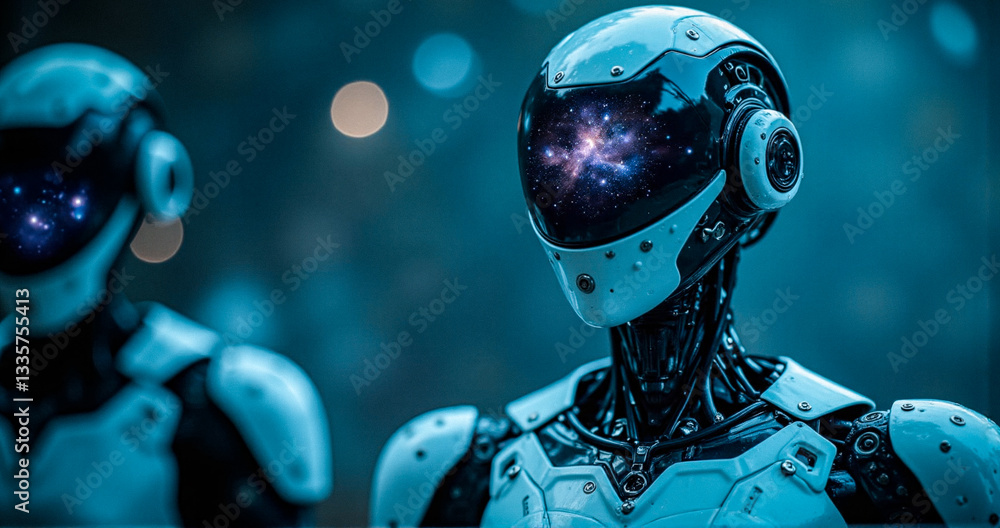 Leinwandbilder futuristic robots with sleek white armor stand with cosmic galaxies reflecting in their helmet visor