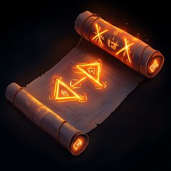 An illuminated scroll featuring ancient symbols and glowing markings, providing a mystical and enchanting atmosphere.