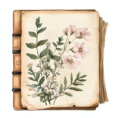 An illustrated botanical page featuring delicate flowers and green leaves on an aged book background.