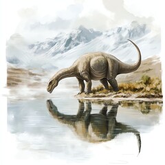 An illustrated dinosaur peacefully drinking from a tranquil lake surrounded by majestic mountains.