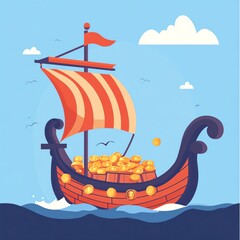 An illustrated ship sailing on the sea, loaded with treasure and gold coins, under a bright blue sky.