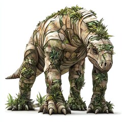 An imaginative dinosaur covered in lush vegetation, symbolizing the harmony between nature and ancient life.