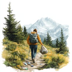 An individual hiking through a mountainous landscape while collecting litter to promote environmental cleanliness.