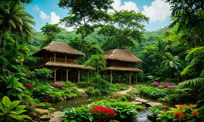 Two stilt houses with thatched roofs stand amidst lush jungle greenery. Colorful flowers bloom beside a serene stream under a bright blue sky.