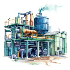 An industrial facility featuring tanks, pipes, and machinery emitting steam, showcasing modern manufacturing.
