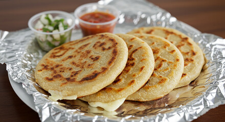 Freshly made Salvadoran pupusas filled with melted cheese, served on aluminum foil with salsa and curtido, a traditional Latin American dish.