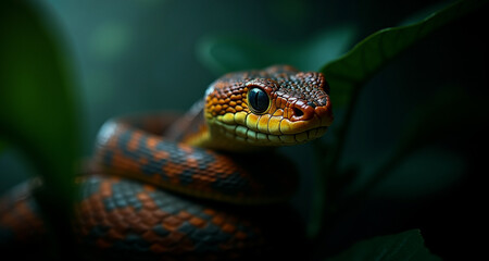 Fototapeta premium A striking orange and black snake is coiled amidst verdant foliage in a dimly lit setting. The reptile's scales and eyes are sharply in focus against the blurred, dark backdrop.