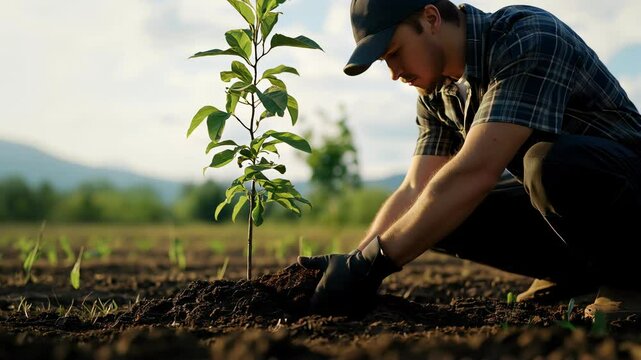 Farmer planting trees or working in community garden promoting local food production and habitat restoration, concept of Sustainability and Community Engagement	