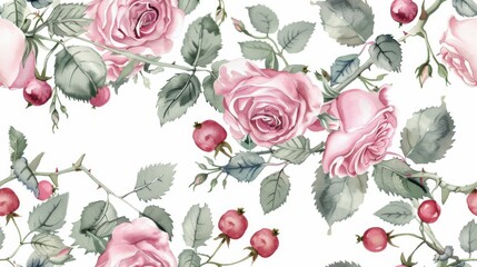 A seamless watercolor pattern of hand-drawn roses and pink berries on a white background, creating a soft and elegant floral design.

