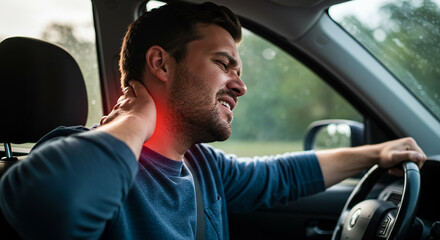 Young man suffering from neck pain while driving a car, holding his neck in discomfort due to stiffness or muscle strain, with a pained expression.