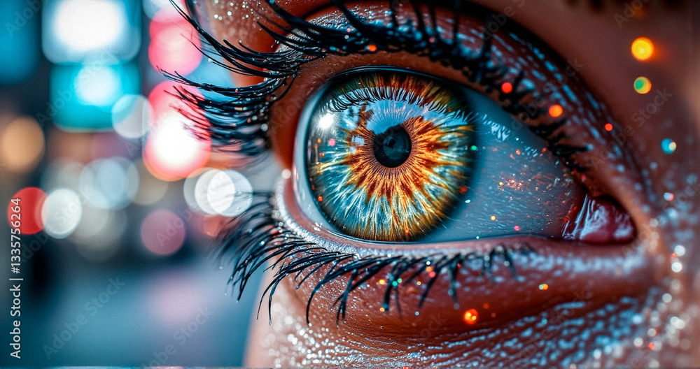 Aufkleber A captivating close-up of an eye reveals a mesmerizing iris with vibrant orange and blue tones, framed by dark lashes and a soft bokeh background. Glittering sparkles enhance the skin.