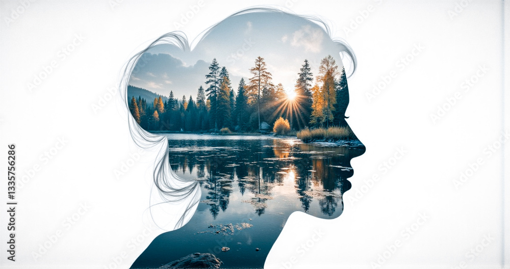 Poster woman's profile silhouette filled with a tranquil landscape scene. trees and a calm lake are visible
