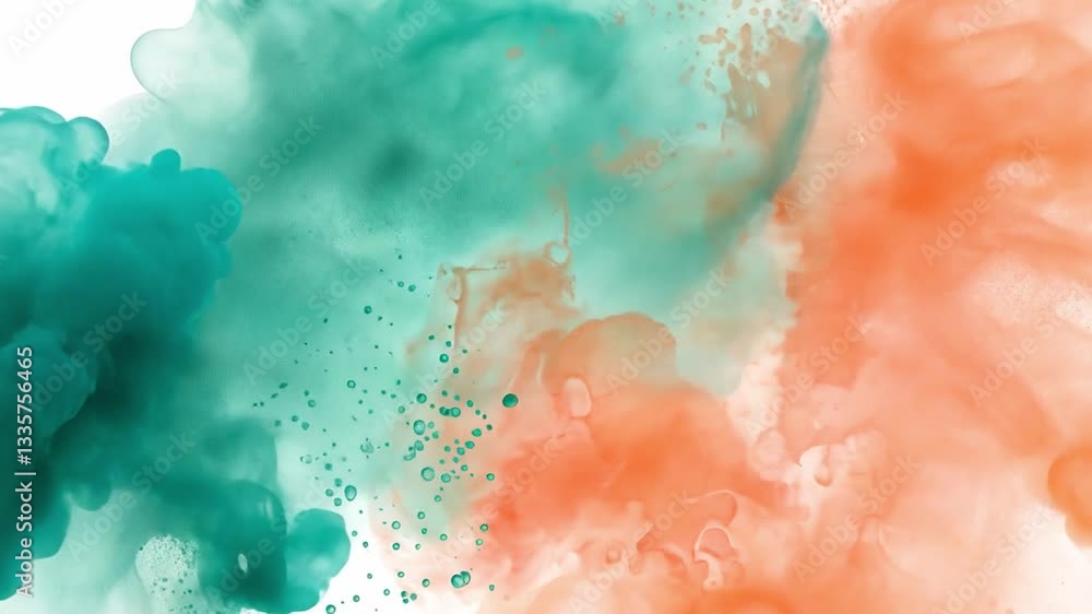 Poster vibrant abstract vdo featuring swirling clouds of teal and orange hues, creating dynamic and fluid c