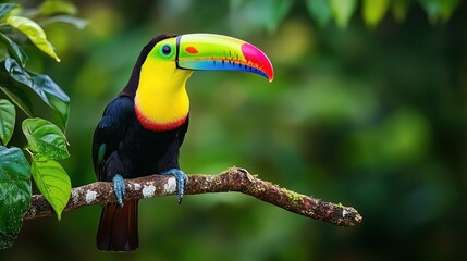 Obraz premium Rainbow-billed Toucan Perched: A stunning rainbow-billed toucan with vibrant plumage perches gracefully on a branch, showcasing nature's artistry. Against a backdrop of verdant leaves.