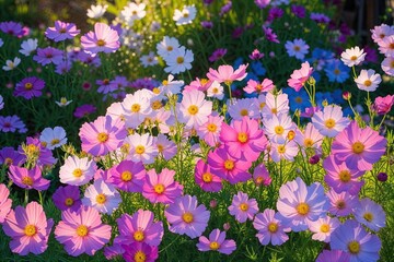 Naklejka premium Radiant Cosmos Blossoms Blanket a Vibrant Garden in Sunlit Beauty